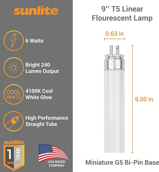 Sunlite 9-Inch F6T5/CW T5 Linear Fluorescent Lamp, 6 Watts, 240 Lumens, 4100K Cool White, Miniature G5 Bi-Pin Base, ROHS Compliant, High Performance Straight Tube, 10 Pack
