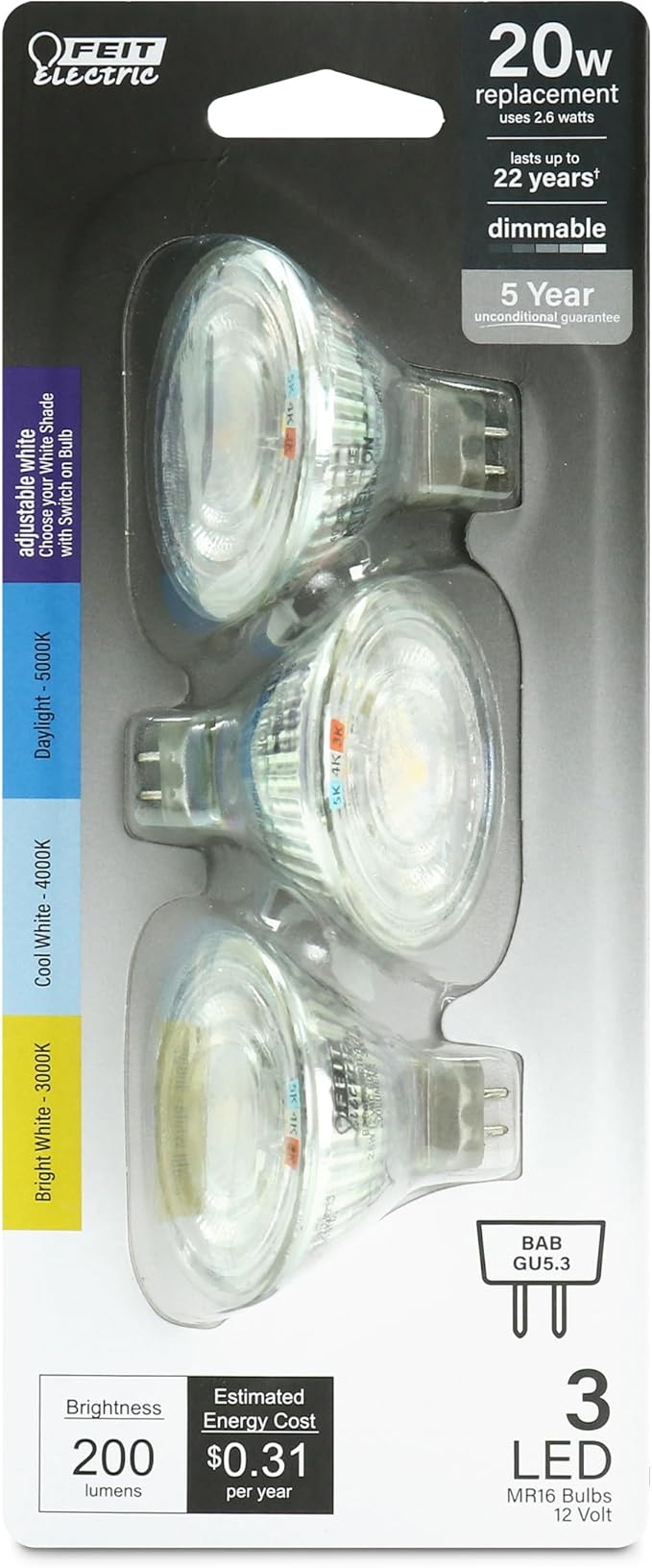 Feit Electric MR16 LED Reflector Light Bulb, 20W Equivalent, Dimmable, GU5.3 Base, 90+ CRI, 200 Lumen, Adjustable Color Temperature Track Lighting, 25,000-Hour Lifespan, BPBAB/3CCTCA/3/6, 18-Pack