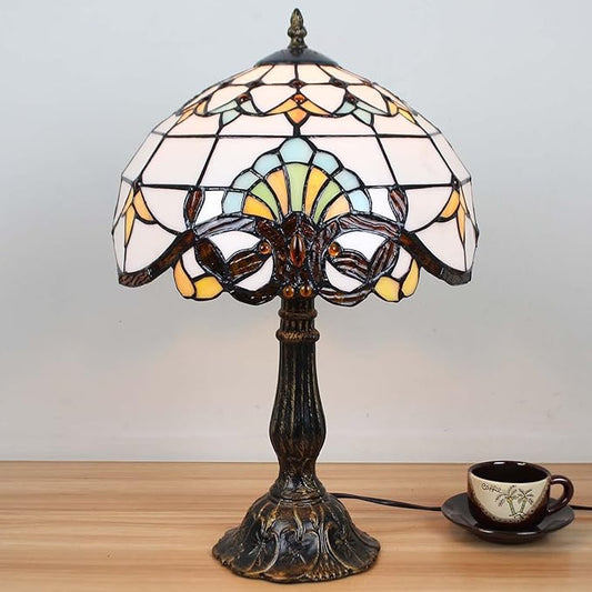 Bieye L10641 Baroque Tiffany Style Stained Glass Table Lamp Night Light with 12 inches Wide Lampshade Metal Base for Bedside Living Room Bedroom, Brown, 18-inch Tall