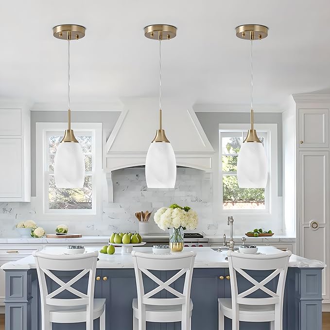 Mini Glass Pendant Light 4.72" with Handblown White Swirl Art Glass Hanging Light 1-Pack Oval Ceiling Hanging Light Fixture for Dining Room Kitchen Island Cafe Foyer Hallway
