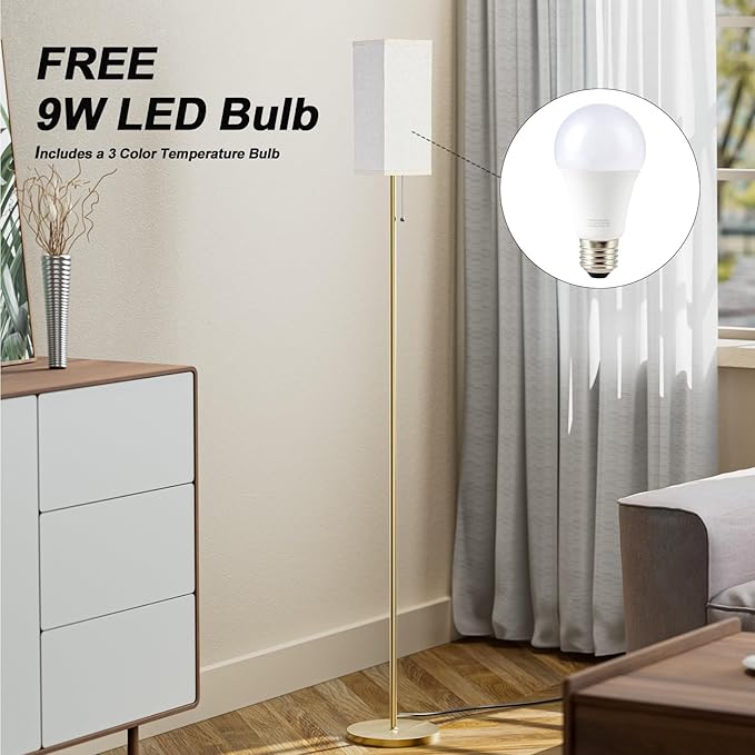 Gold Floor Lamps for Living Room Bedroom - 3 Color Temperature Modern Standing Lamps with Pull Chain Switch LED Bulb, Tall Lamp for Office Kids Room Reading Corner(Light Beige Shade)