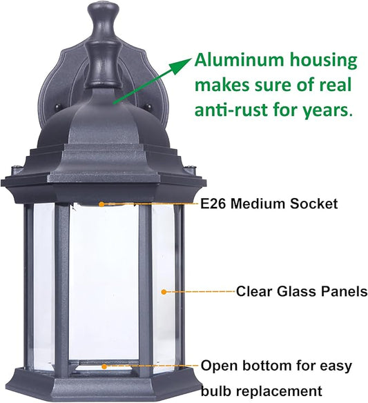 LIT-PaTH Outdoor Wall Lantern, Wall Sconce as Porch Lighting Fixture, E26 Medium Base Max 60W, Aluminum Housing Plus Glass, Matte Black Finish, 1-Pack