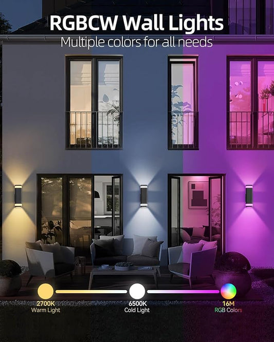 Smart Outdoor RGB Wall Lights, Wi-Fi & App Control Color Changing Up and Down Wall Sconce with Remote, Dusk to Dawn Waterproof Exterior Light Fixture Works with Alexa, Google Assistant, Black Finish