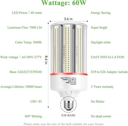 60W Led Corn Cob Light Bulb,E26/E39 Base,5000k Daylight,110-277v,7800lm,CFL HID 200w Metal Halide Replacement for Interior and Exterior,Commercial/Industrial Lighting(2-Pack)