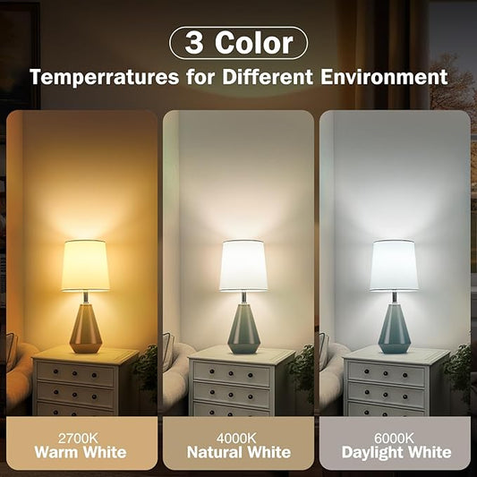 Small Bedside Table Lamp for Bedroom - Reading Desk Lamp with 3 Color Temperatures,15.5" Nightstand Ceramic Lamp with Fabric Shade for Kids Room,Living Room,Dorm,Home Office (Green+White)
