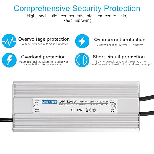 LED Driver 24V1200W Waterproof Power Supply AC90-132V to DC24V50A High Power Switching Power Supply IP67 Transformer Suitable for Indoor and Outdoor LED Lighting and Any 24V DC Equipment