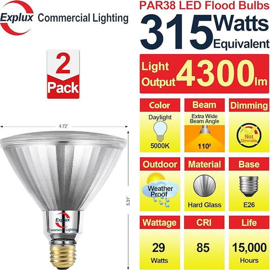Explux 315 Watt Equivalent PAR38 LED Flood Light Bulb, Ultra Bright 4300 Lumens, Non-Dimmable, Full-Glass Outdoor Waterproof & Anti-Ageing, Daylight 5000K, 2-Pack