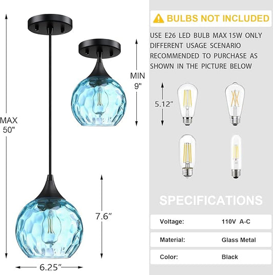 6.3" Blue Texture Glass Pendant Light 3 Pack Pendant Ceiling Light Fixture Black Finish Modern Farmhouse Dinning Over Sink Adjustable Height Cord