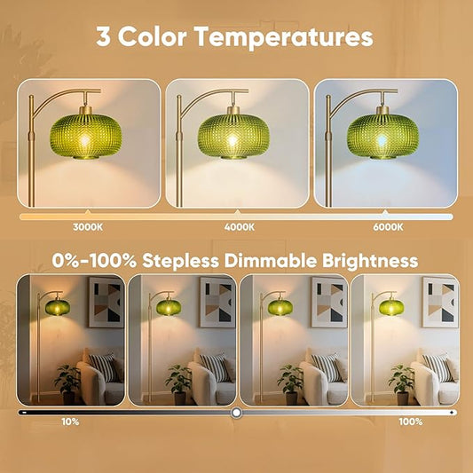 Modern Floor Lamp for Living Room, Mid Century Tall Standing Lamp Green Glass Lamp Shape, Dimmable Gold Tall Pole Lamp for Bedroom Office with Remote, 1 x 12W LED Edison Bulbs Included