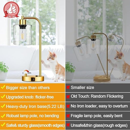 Lynnoland Set of 2 Industrial Table Lamps with USB Port, Gold Fully Stepless Dimmable Bedside Lamps for bedrooms, Nightstand Desk Lamp with Clear Glass Shade for Reading Living Room Office 2 LED Bulb