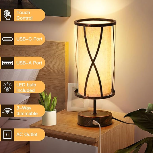 Distressed Table Lamps for Living Room, 3 Way Dimmable Touch Lamps, Small Bedside Lamps with LED Bulbs, USB Ports C+A, Nightstand Lamp for Kids Room, Bedroom, Office (1 Pack Iron)