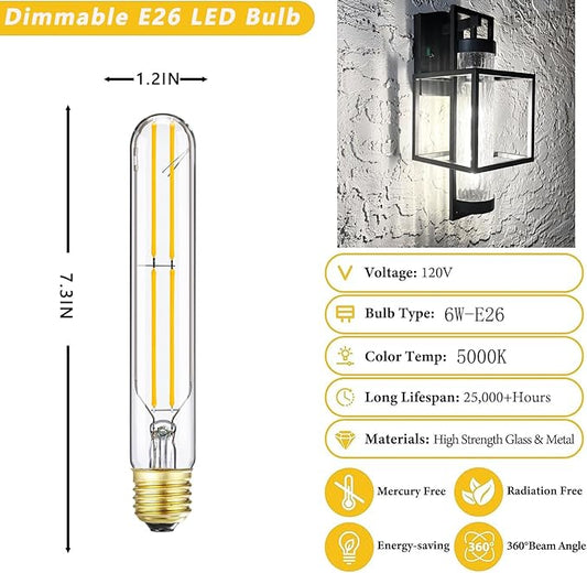 T10 Tubular Light Bulb 5000k Daylight,Dimmable E26 LED Bulb 6W 60 Watts Edison Bulbs,7.3 Inch,AC120V,600LM, Long LED for Wall Sconces, Pendant, Livingroom, 4-Pack(6W-5000K)