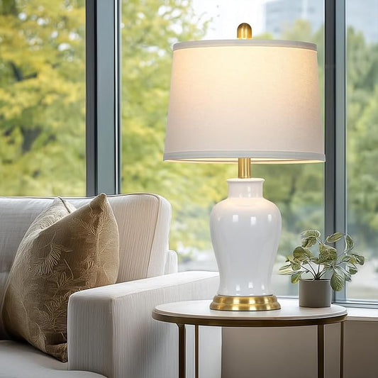 White Ceramic Table Lamps Set of 2, 23" Modern Ceramic Bedside Lamps with Ginger Jar Design, Farmhouse Lamp for Living Room End Table, Elegant Bedroom Lamp for Nightstand Desk Side Home Decor