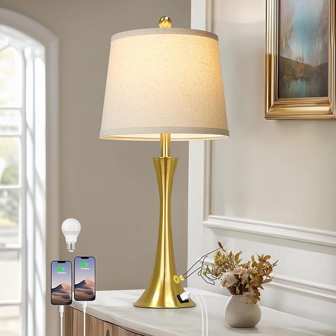 27.5" Gold Lamps for Living Room, Touch Control 3-Way Dimmable Bedside Nightstand Lamps Bedroom Lamp,Modern Gold Table Lamp with USB A+C Ports,Tall Lamps for Living Room End Table(1Pack)