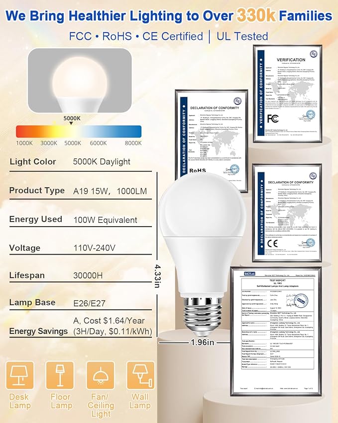 Neporal Full Spectrum Light Bulb 15W LED=100W, 5000K Flicker-Free Daylight, UV-Free & High CRI & Eye-Caring Natural Sunlight Light Bulbs for Humans, Home, Office, Plant – E26/E27, 30000H Lifespan,3PK