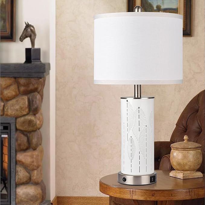 Ceramic Beautifully Engraved Decorative 25" Table Lamps Set of 2 with Nightlight,E26 Socket&Rotary Switch,USB A+C Ports,Modern Bedside Lamps for Nightstand,Bedroom(Bulbs Included)