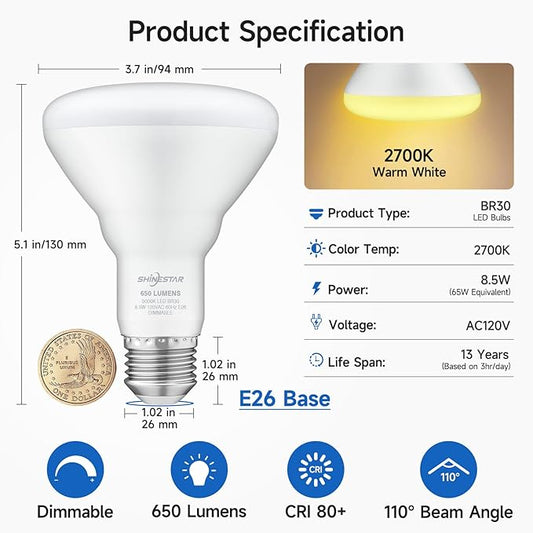 SHINESTAR 6-Pack Flood Light Bulb Indoor, 65W Equivalent Dimmable BR30 Led Recessed Lights Bulb, 2700K Soft Warm White, E26 Standard Base for Kitchen Ceiling, Recessed Can,650 Lumens, 8.5W