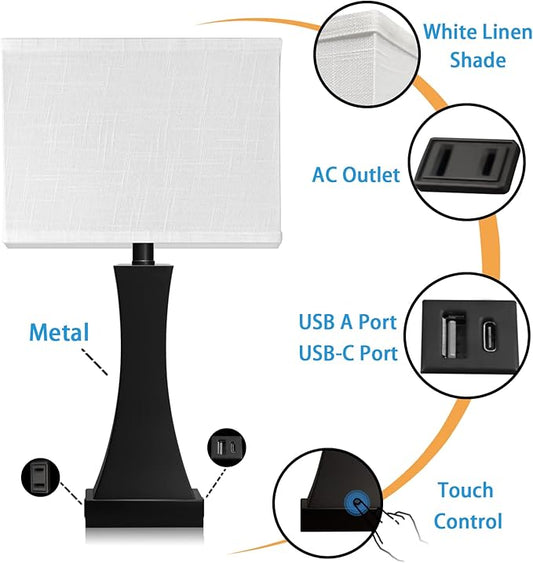 Table Lamp for Bedroom 3-Way Dimmable Touch Control Bedside Lamp with USB A+C Port & AC Outlet 21.6" Tall Nightstand Lamp for Living Room Office and Hotel Bulb Included