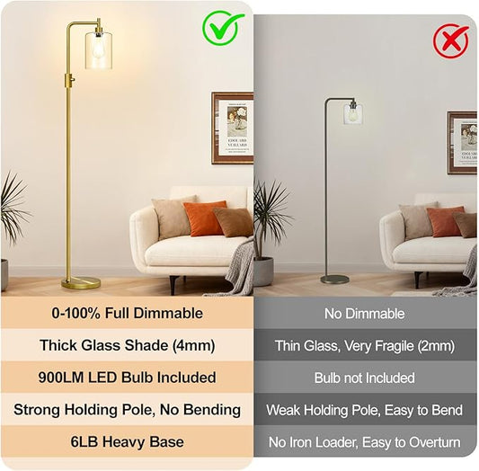 【Upgraded】Dimmable Floor Lamp for Living Room with Clear Glass Lampshade, Brass Modern Floor Lamp with 900LM Edison Bulb Included, Bright Standing Tall Lamp for Bedroom, Office, Reading Room, Corner