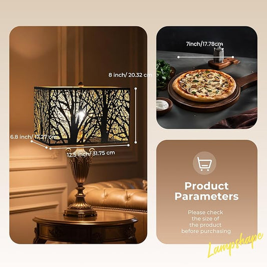 Large Rectangular vintage Metal Lamp Shade for table lamps, Bell Lampshade Metal Cover with Etched Forest Tree Design lamp finials 8" x 14" x 9", Fits Living Room Bedroom (Antique bronze gold)
