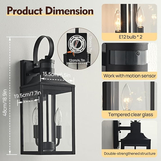 18.9" Black Motion Sensor Outdoor Wall Lantern, 2-Light Farmhouse Porch Light with Clear Glass Waterproof Exterior Light Fixture for Porch, Patio, and Garage 1 Pack Bulb Included