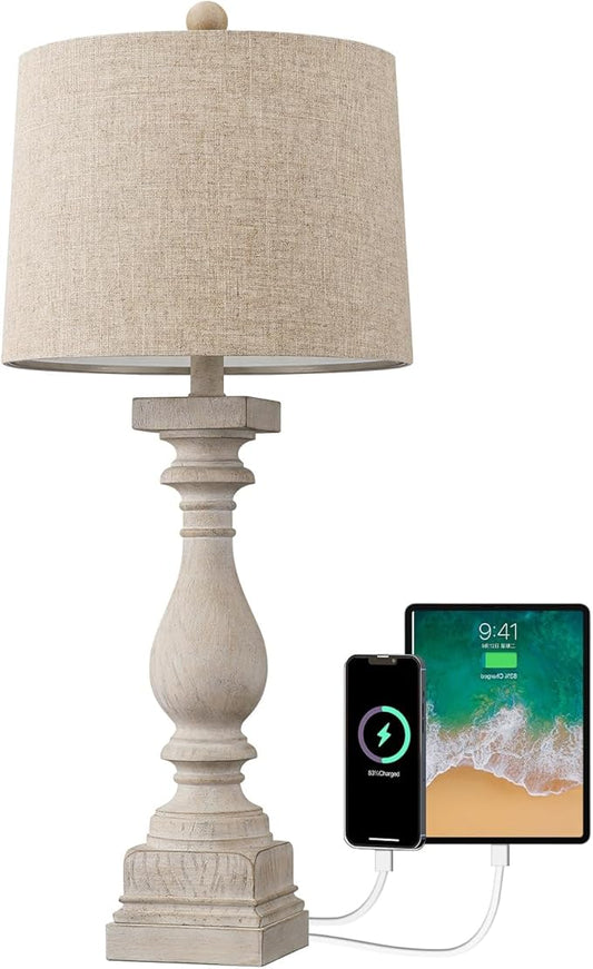 BOBOMOMO Retro 27" USB Charging Ports A/C Wash-White Farmhouse Lamps for Bedrooms Side Table Lamps Bedside Lamp for Nightstand Living Room 1 Pack