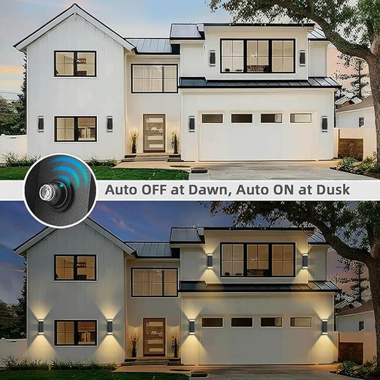 RAYVO Dusk to Dawn Outdoor Wall Lights 2 Pack, Modern Up and Down Exterior Lighting Fixtures with Sensor, Waterproof Aluminum Wall Sconce for Porch Garage Patio, LED Bulbs Included, Black Finish