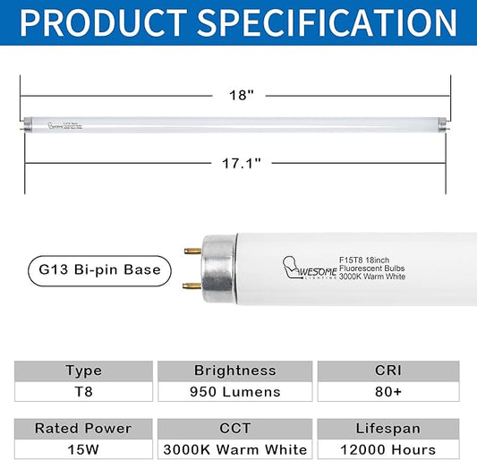 18 Inch F15T8/WW Fluorescent Light Bulbs, 3000K Warm White, T8 15 Watts Replacement Bulbs, Fluorescent Tube for Counter and Cabinet Fixture, G13 Base - 2 Pack