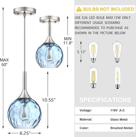 6.3" Texture Blue Glass Rod Pendant Light 3 Pack Pendant Ceiling Light Fixture Brushed Nickel Finish Modern Farmhouse Dinning Over Sink Adjustable Height Rod