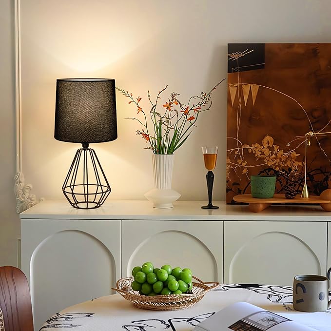 GGOYING Set of 2 Bedside Table Lamp, Black Metal Modern Lamp with Black Fabric Shade, Simple Side Lamp for Living Room,Bedroom,Home,Office Working