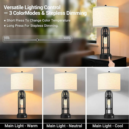 Bedroom Lamps, Side Table Lamp, 3-Way Dimmable Touch Lamp, Stepless Dimming, Bedside Lamps with Charging Ports, Black Table Lamps for Living Room(Bulbs Included) - 1 Pack