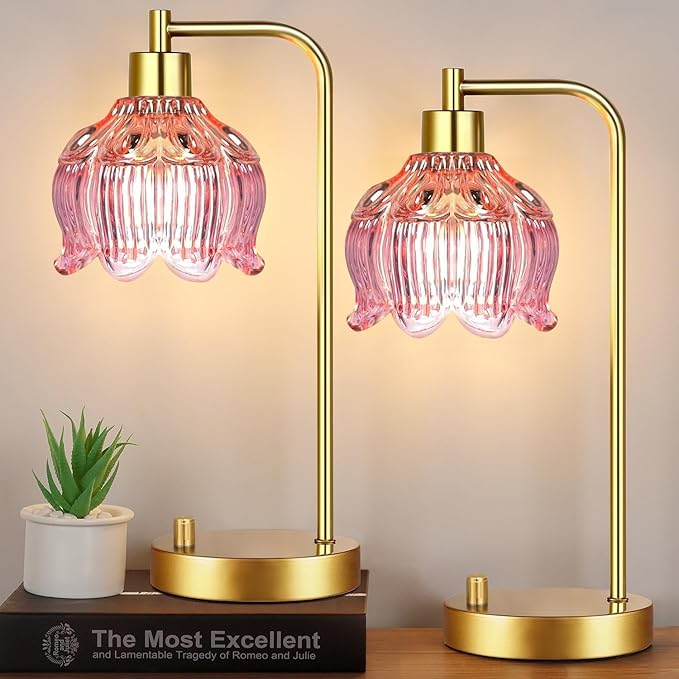 Pink Table Lamp Set of 2,Small Gold Bedside Lamps Dimmable Boho Bedroom Lamp with Flower Glass Lamp Shade,Vintage Mid Century Modern Mini Nightstand Lamp for Girls Kids Bedroom Living Room