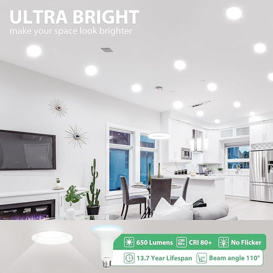 BR30 LED Bulb, Dimmable Flood Lights Indoor CRI80 7W Equivalent 65W 5000K Daylight 650 Lumens, 15000 Lifetime Hours Recessed Light Bulbs, Interior E26 Base LED Can Light Bulbs, 12 Pack
