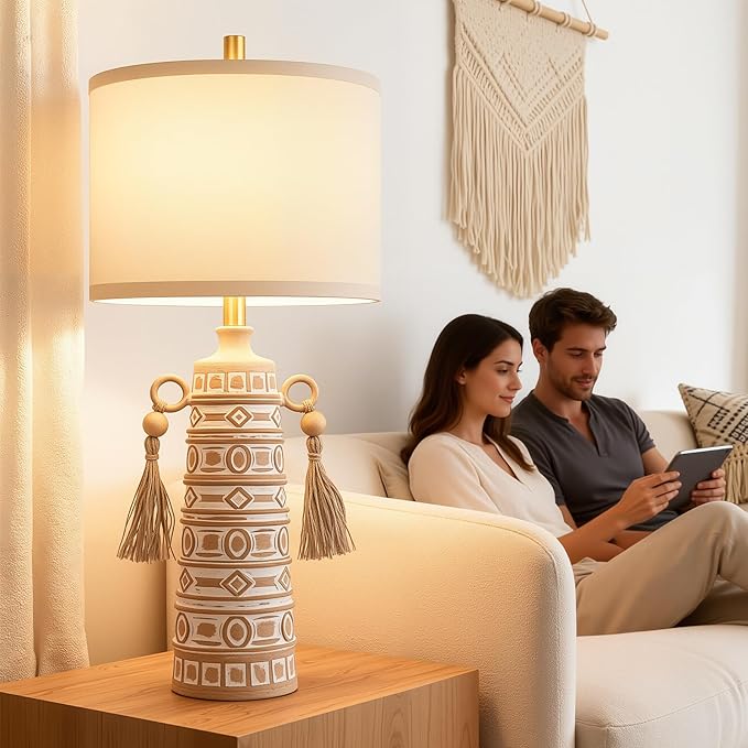 30”H Tall Boho Table Lamp Set of 2 for Bedroom Living Room, Handmade Tassels Antique Bedside Lamp, Adjustable with Memory Function Bulb, Linen Shade, Rotary Switch Resin Lamp for Nightstand Decor