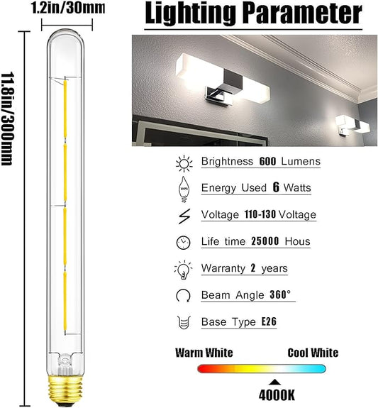 XININSUN T300 Led Bulb, 11.8 Inch Long Tubular Led Light Bulbs, 100Watt Equivalent, 1000lm, Dimmable, Clear Glass, E26 10W T10 LED Edison Tube Lamp Bulb,4 Pack. (6W=60W 4000K)