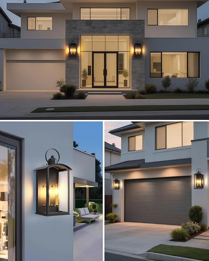 19.7IN Outdoor Wall Light Fixtures, Dusk to Dawn Exterior Lanterns Waterproof, Large Porch Sconces Wall Mounted Lighting, Modern Matte Black Front Open Window Wall Lamps for Patio