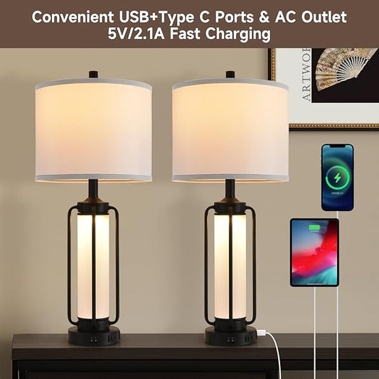 Terpsichore Farmhouse Lamps for Living Room Rustic Bedside Lamp Lamps Set of 2,Vintage Bedroom Nightstand Table Lamp Rocker Switch & USB A+C Ports & AC Outlet,Built-In Frosted Glass Night Light
