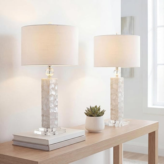 JONATHAN Y JYL4006A-SET2 32" Modern Coastal Seashell Table Lamp Set of 2 for Living Room Bedroom, Contemporary Column Bedside Nightstand Lamps with Crystal Base and White Linen Drum Shade, White