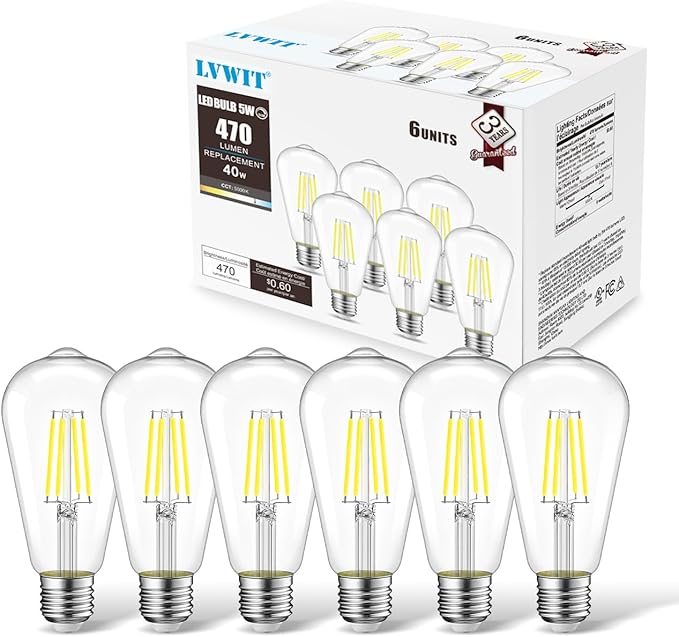 LVWIT ST21 LED Edison Light Bulbs 5W(40W Equivalent) Dimmable 5000K Warm White Vintage Edison Light Bulb E26 Medium Base, Antique Glass Style for Home, Bedroom, Office, Farmhouse(6-Pack)