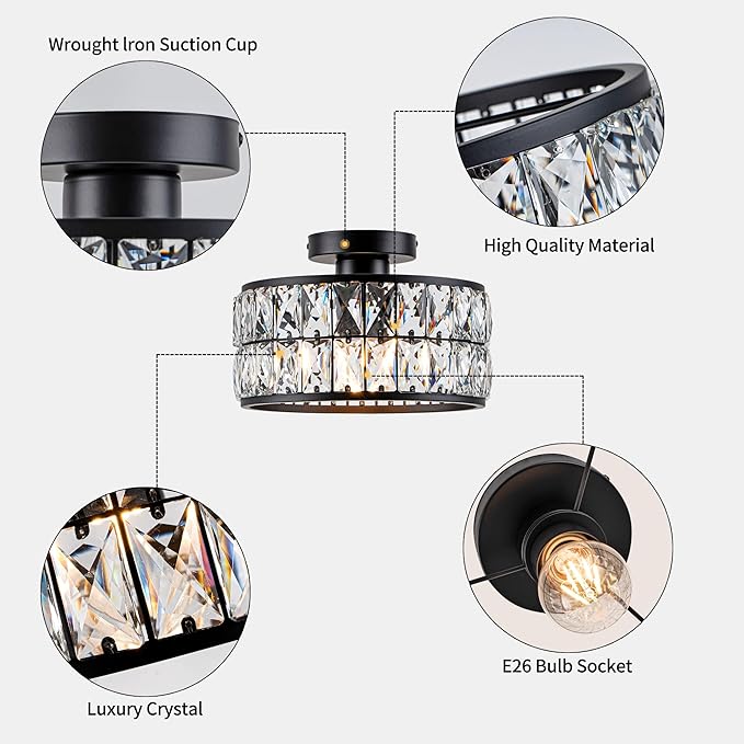 Crystal Ceiling Light, Modern Flush Mount Ceiling Light, Black Crystal Chandelier for Kitchen Bedroom Bathroom Entryway Hallway, 1 Light