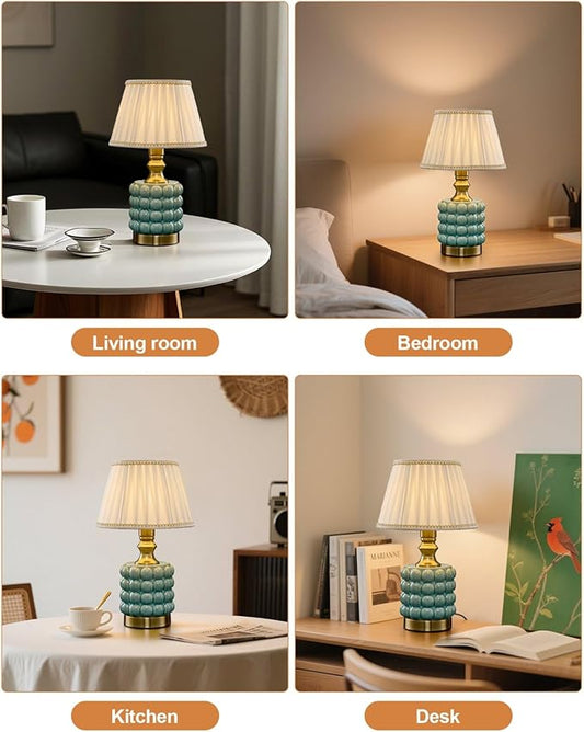 Vintage Lamp for Bedroom,Unique Lamps Cracked Ceramic lamp,UL Rotary Switch Control Pleated lamp Shade,Small Table lamp for Living Room Decor Kitchen Lighting (Blue+Pleated)