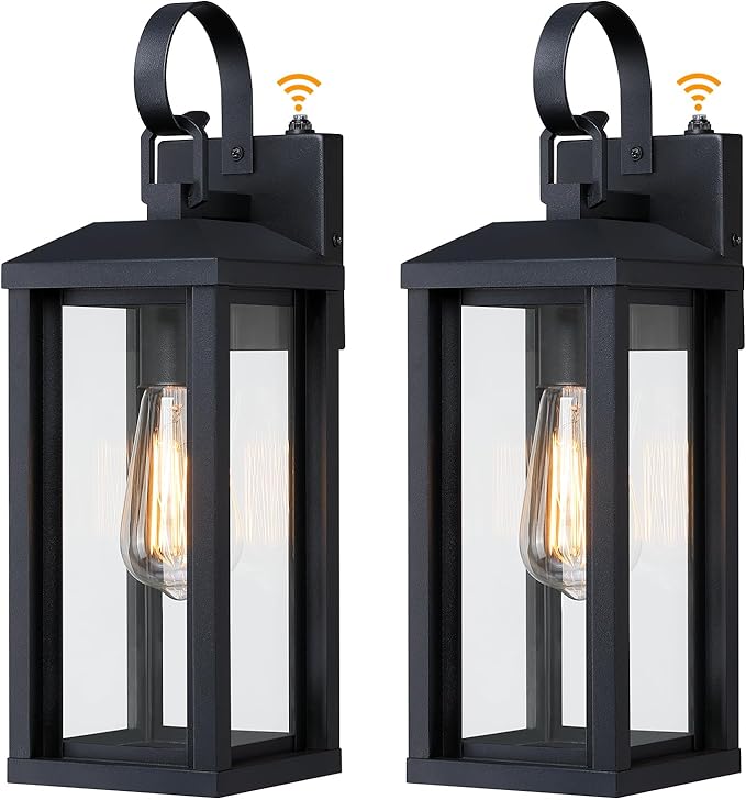 Dusk to Dawn Large Exterior Wall Lights 2-Pack, 17" Waterproof Outdoor Wall Porch Lights Sconces with Tempered Glass, Black Exterior Lighting Fixtures for Garage House, Bulb Not Included