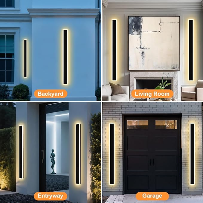 2 Pack Outdoor Long Wall Lights 60In Modern Exterior LED Linear Wall Sconce, Black Wall-Mounted LED Outdoor Linear Lighting Fixture IP65 Waterproof Exterior Garage Lights for Courtyard Porch