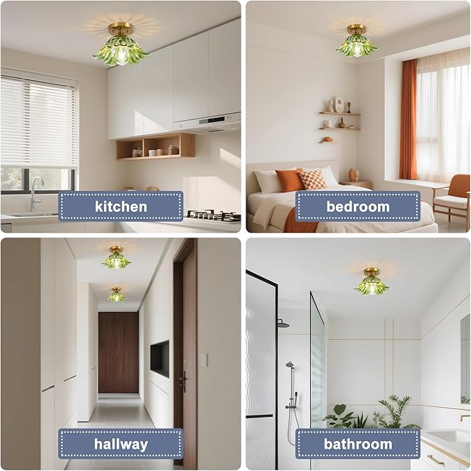 Semi Flush Mount Ceiling Light,Ceiling Light Fixtures 3000K Bulb, Vintage Light Fixtures Green for Closet Hallway Kitchen Dining Room 11"
