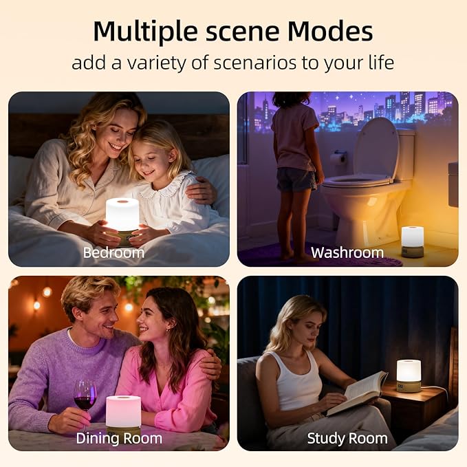 Nursery Night Light with Clock for Kids, Touch Lamp Bedside Desk Lamp, Portable Breastfeeding Night Lamp for Baby, 3 Color Stepless Dimming Up for Restaurant,Bedroom,Rechargeable (Wood Grain)