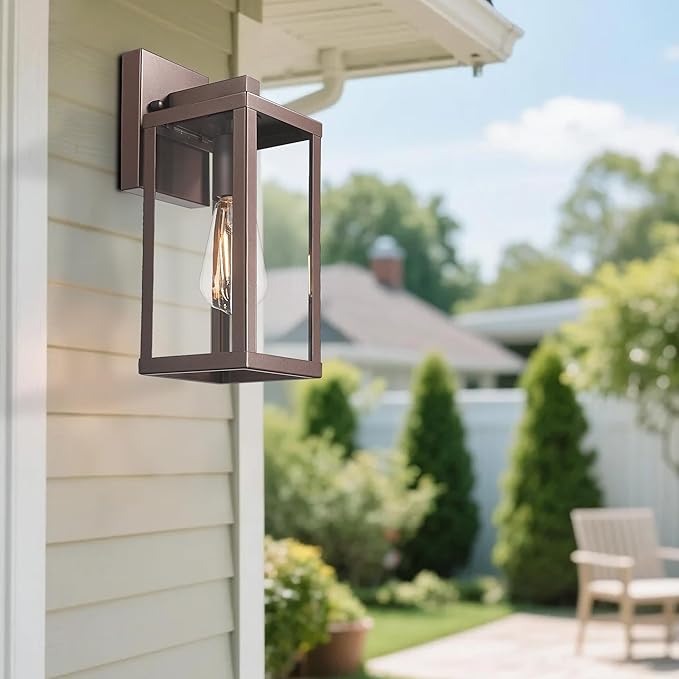 Outdoor Wall Light with Clear Glass, Anti-Rust Exterior Wall Sconce, Weather Resistant Outdoor Lantern, Exterior Lighting for Porch, Patio, Garage, Entryway (Oil-Rubbed Bronze, 13" Height-1 Pack)