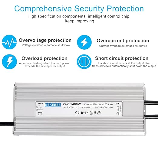 LED Driver 24V1400W Waterproof Power Supply AC90-132V to DC24V58A High Power Switching Power Supply IP67 Transformer Suitable for Indoor and Outdoor LED Lighting and Any 24V DC Equipment