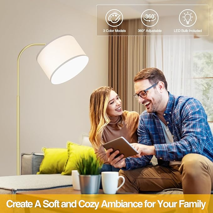 Arc Floor Lamps for Living Room with 3 Color Temperatures, Modern Floor Lamp Reading Light with 9W Bulb Included, Standing Lamp with Adjustable White Hanging Lampshade for Bedroom Office(Gold)