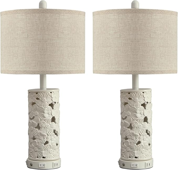 25.5" Modern Ceramic Table Lamp Set of 2 - Bedroom Nightstand Lamp for Living Room, White Bedside Lamp Farmhouse Night Stand Light Lamp for Study Room Office (Ceramic-2 Pack)