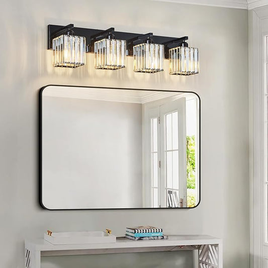Modern Bathroom Vanity Light 4-Lights Plating Black Crystal Bathroom Wall Light Vanity Light Fixtures